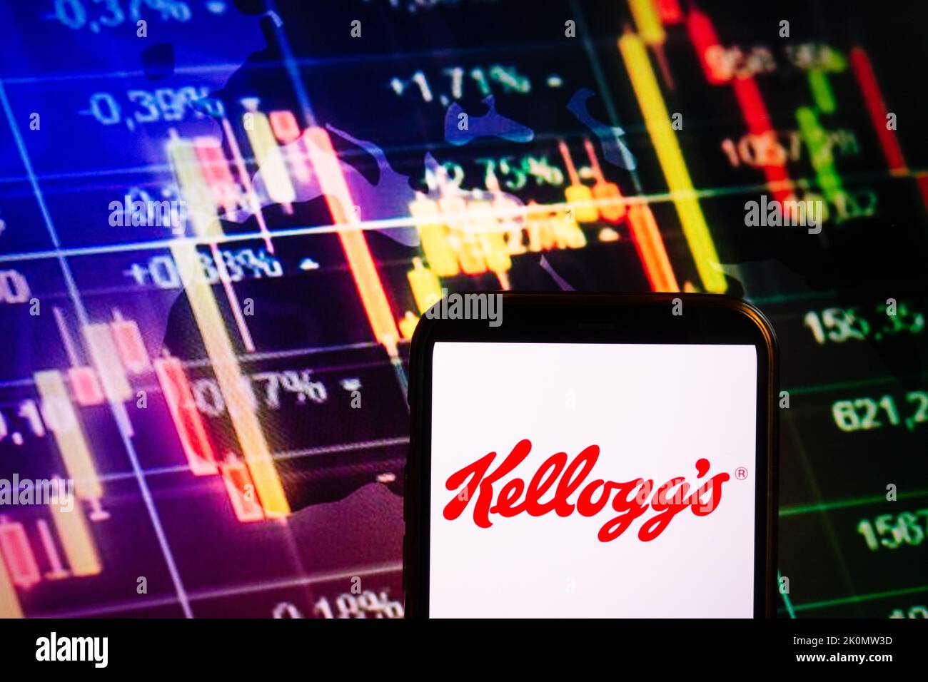 KONSKIE, POLAND - September 10, 2022: Smartphone displaying logo of Kellogg`s company on stock exchange diagram background Stock Photo